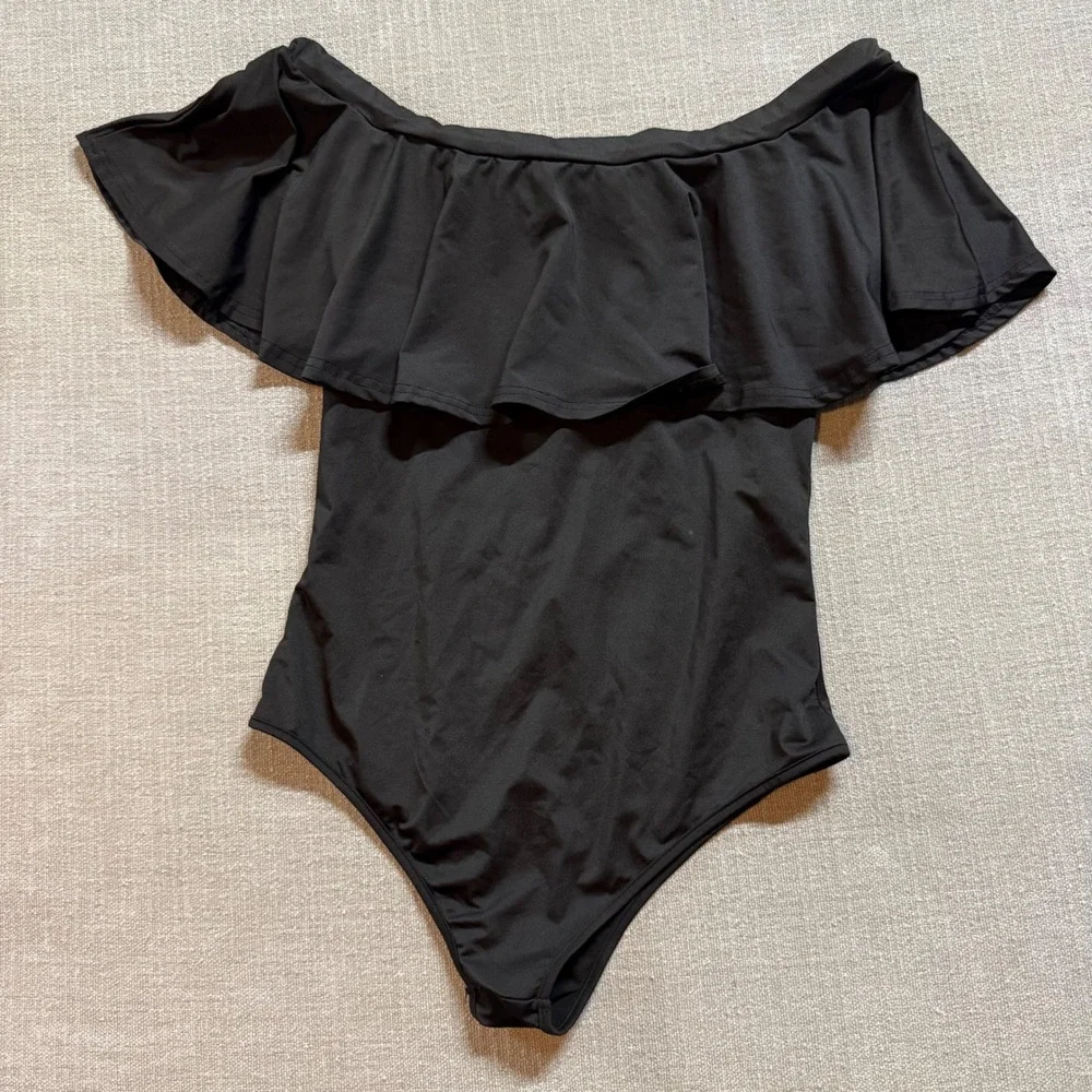 Unbranded Black‎ Off The Shoulder Ruffle Swimsuit  Women Large Solid Boho Chic